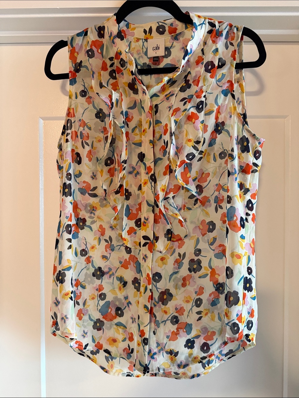 CAbi Cream Floral Ruffle Sleeveless Blouse
